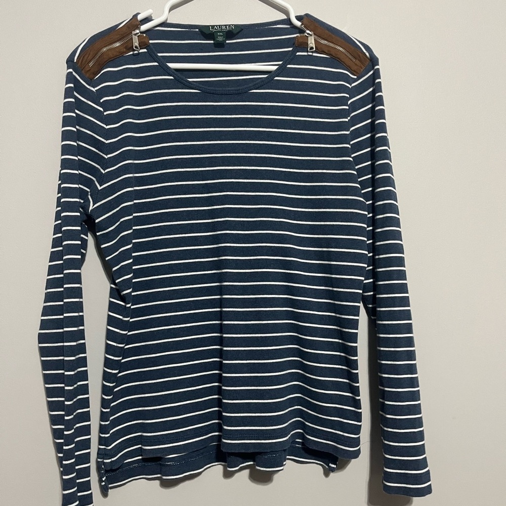Lauren Ralph Lauren Women’s XXL Blue Striped Shoulder‎ Zipper Long Sleeve Shirt